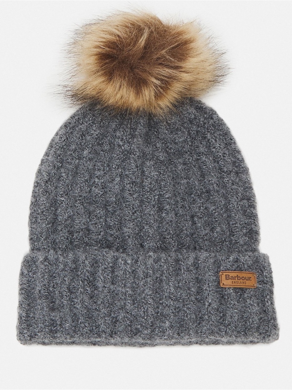 Barbour Charcoal Knit Beanie with Tan Faux Fur Pom